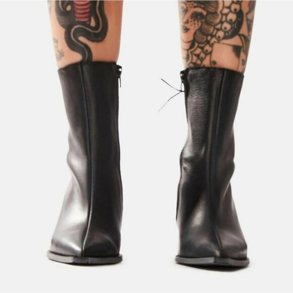 Free People Livia Leather Laceback Side Zip Pointy Toe Blue Block Heel Size 38 - Picture 3 of 16